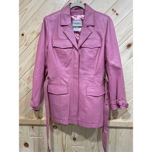 Pamela Mccoy Womens Genuine Leather Jacket Belted Waist Full Zip Pink Size XS